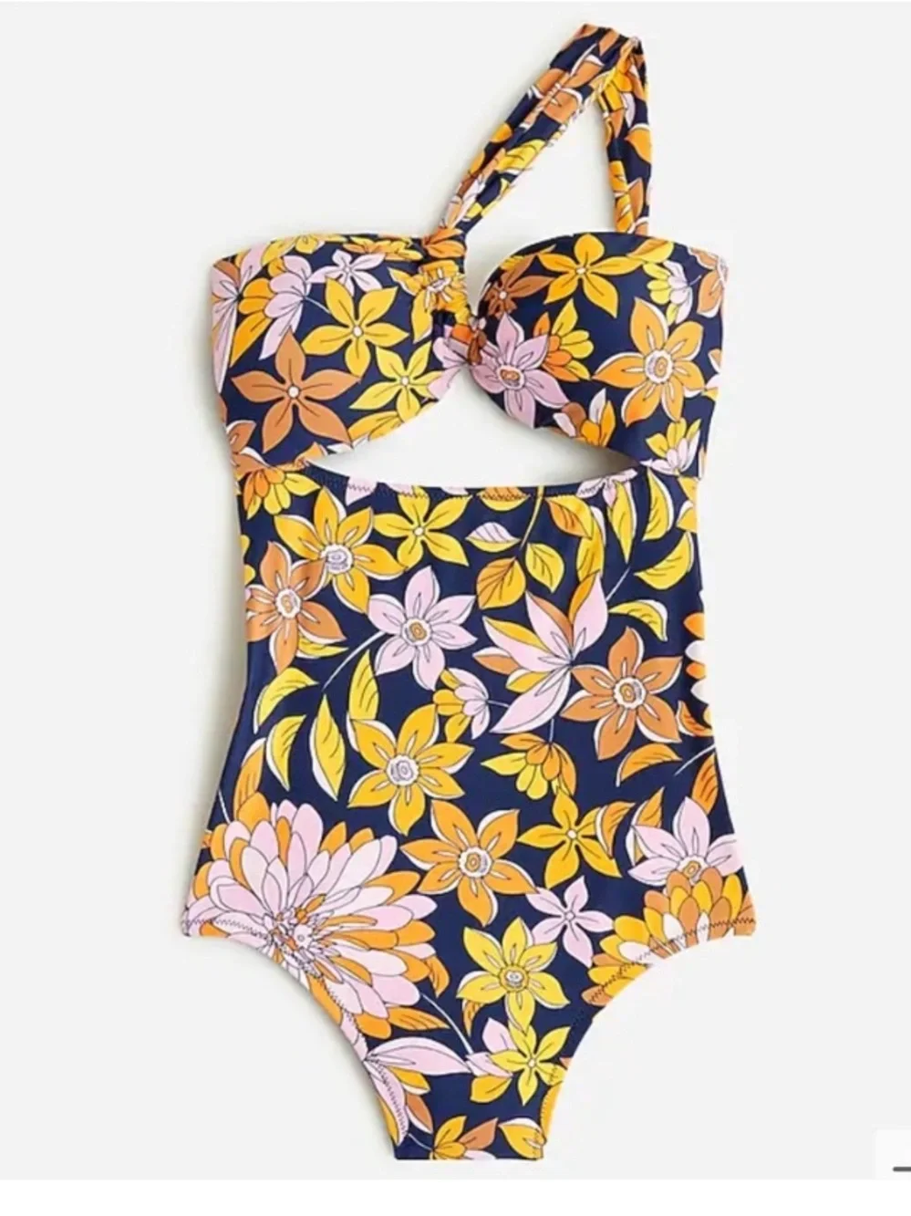 J. Crew One-Shoulder Floral Cutout Swimsuit — Navy, Yellow, Pink